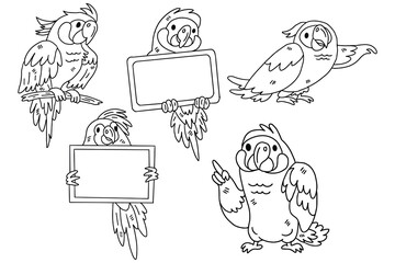 A set of four drawings of parrots holding a sign