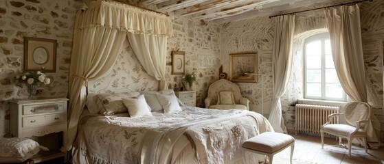 Elegant French country bedroom with soft fabrics