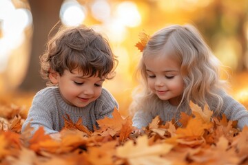 Fototapeta premium Carefree Kids Playing in Autumn Leaves - Joyful Outdoor Moments in Park Setting
