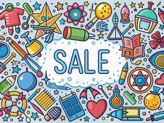 Vibrant back to school sale banner featuring hand-drawn line art symbols of education, science objects, and paper art cut out icons in a whimsical doodle illustration style.