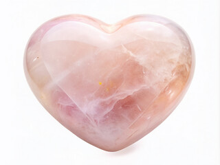 A delicate rose quartz heart shape crystal mineral specimen isolated on a pure white background, showcasing its soft pink hue and gentle curves.