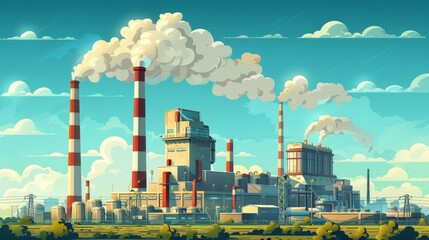 Cartoon vector factory with chimneys emitting smoke in an industrial area