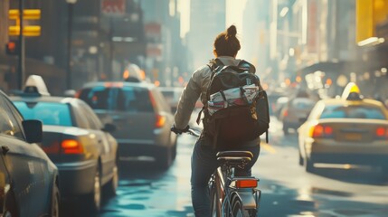 A teacher commuting to school by bicycle through a bustling city street. The scene captures the morning rush, with cars and pedestrians all around. The teacher wears a backpack filled with educational