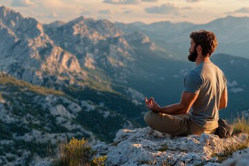 Serene Close-Up of Man Meditating on Mountain Top, Finding Peace in Nature Composite with Stunning Mountain Backdrop