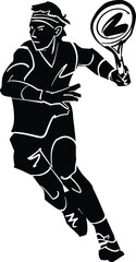 black and white illustration of a tennis player with tennis racket