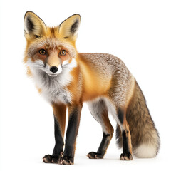 Obraz premium A red fox in a cautious stance, isolated on a white background, full depth of field