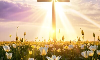 A serene cross bathed in golden Easter evening light, surrounded by blooming lilies