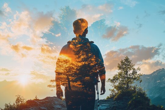 Finding Solace in Nature: Close-Up of a Man Hiking on Mountain Trail - Stress Management Double Exposure