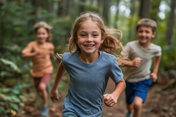 Fototapeta premium Enchanted Forest Exploration - Children Finding Mindfulness and Adventure in Nature