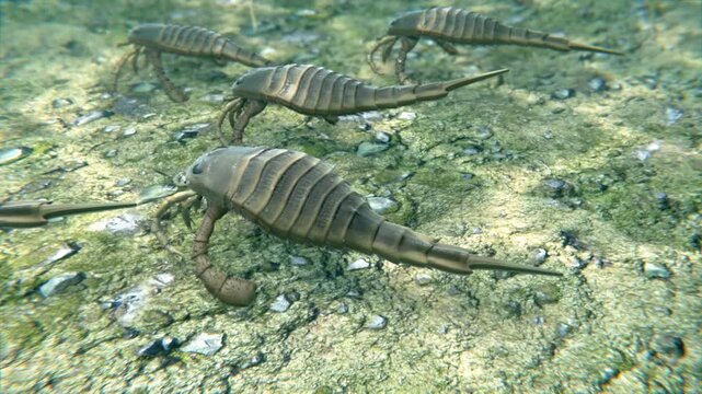 An animation of Eurypterids (Sea Scorpions) moving across on a Silurian Period seafloor 418 million years ago.