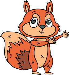 A cute cartoon squirrel is standing with its paw raised, looking at the camera