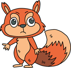 A cute cartoon squirrel is standing with its paw raised, looking at the camera