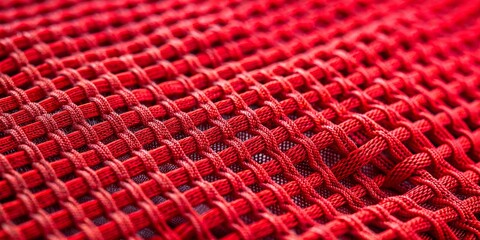 Vibrant red mesh fabric texture in extreme close-up, showcasing intricate woven pattern, ideal as abstract background or design element in graphic projects.
