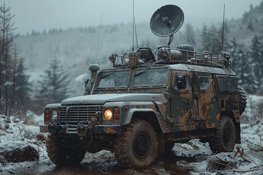 Military vehicle with satellite dish for radio signal interception and intelligence locating