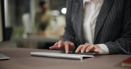 Hands, computer and person typing for business research, networking and administration in office. Receptionist, technology and writing email in workplace for corporate report, planning and schedule