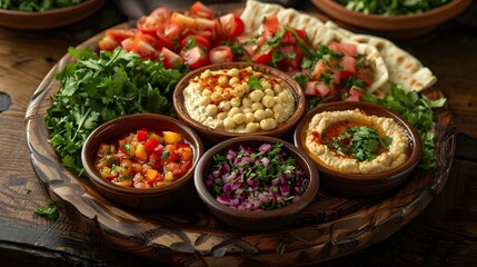 A wooden tray with a variety of dips and sauces