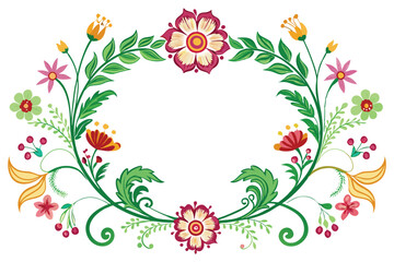 Circular Floral Frame with Vibrant Flowers and Leaves