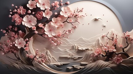 A beautiful painting of a cherry blossom tree with pink flowers