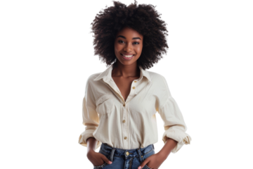 Afro woman posing with a relaxed smile, hands in pockets, casual chic outfit, Isolated on white background