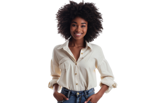 Afro woman posing with a relaxed smile, hands in pockets, casual chic outfit, Isolated on white background