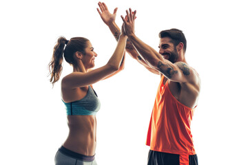 Athletic duo high-fiving after a successful workout, fitness and motivation theme, Isolated on white background