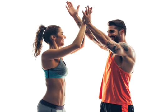 Athletic duo high-fiving after a successful workout, fitness and motivation theme, Isolated on white background