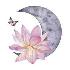 Pink lotuses, flowers and buds, moon. Watercolor illustration. Isolated composition on a white background. For decoration and design of souvenirs, postcards, posters, labels and logos