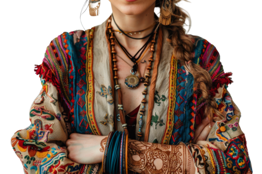Boho woman with henna tattoos and embroidered jacket Isolated on white background