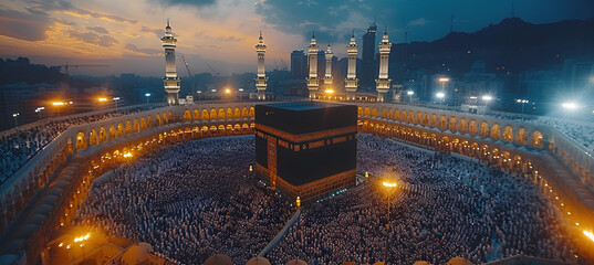 The Kaaba, the holiest site in Islam, surrounded by pilgrims during Hajj.