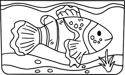 A fish is swimming in a tank with some plants and rocks