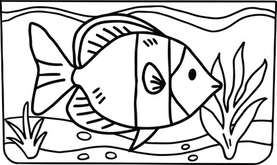 A fish is swimming in a tank with some plants and rocks