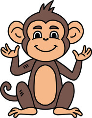 A cute cartoon monkey is sitting on the ground and waving