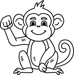 A cute monkey is sitting on the ground and waving
