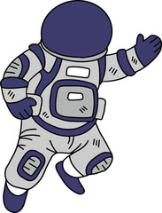 A cartoon astronaut is jumping in the air with his arms outstretched