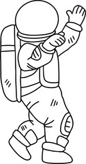 A man in a spacesuit is walking with his hands raised