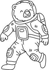 A cartoon bear is wearing a space suit and is walking