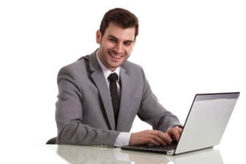 Businessman in suit working on laptop smiling Isolated on white background