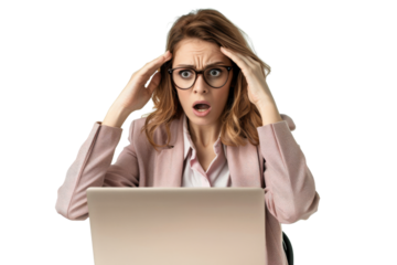 Businesswoman feeling stressed, laptop in front, isolated on white background