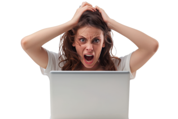 Businesswoman feeling stressed, laptop in front, isolated on white background