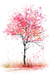  Watercolor of blooming shrub and grass isolated on white background