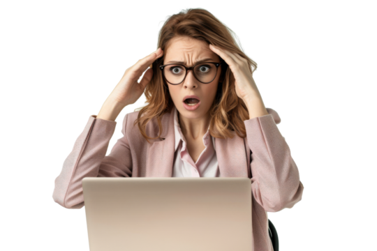 Businesswoman feeling stressed, laptop in front, isolated on white background