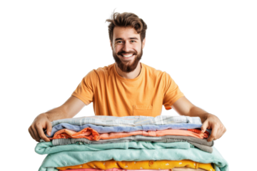 Cheerful laundry owner displaying ironed garments, isolated on white background