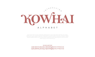 Kohwai swash luxury elegant alphabet letters and numbers. Vintage wedding typography classic serif font decorative vintage retro. creative vector illustration