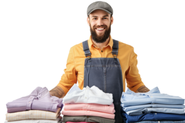 Cheerful laundry owner displaying ironed garments, isolated on white background