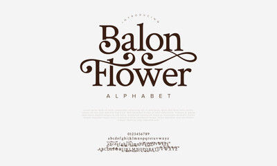 Balonflower swash luxury elegant alphabet letters and numbers. Vintage wedding typography classic serif font decorative vintage retro. creative vector illustration