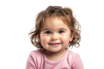 Cheerful little girl with round cheeks wearing a pink outfit Isolated on white background