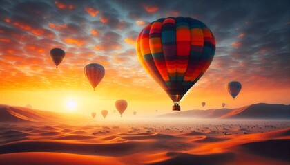 Obraz premium Hot air balloon at desert sunset