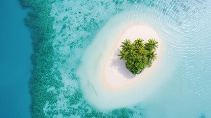 Tack-sharp drone photo of a small island, coral reef visible underwater, tropical paradise,