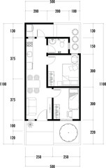 Floor plan blueprint, Figure of the jotting sketch of the construction and the industrial skeleton of the structure and dimensions.