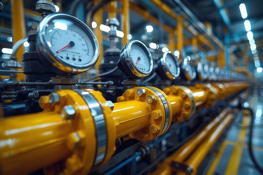 Industrial gas equipment  compressor station with pressure gauges inside factory building